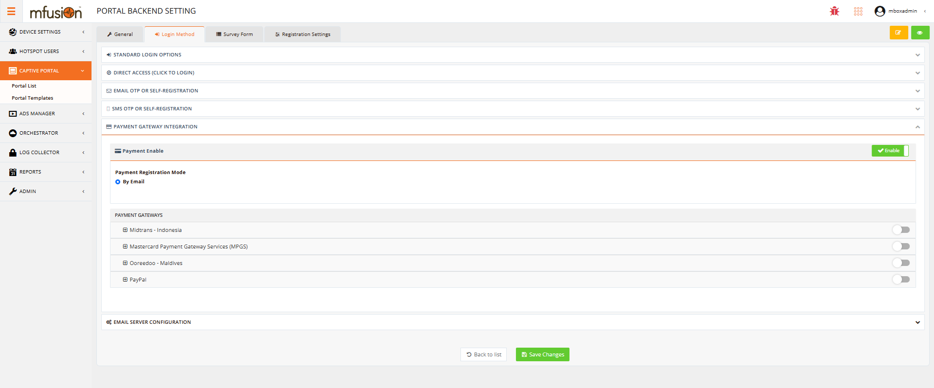 Payment Enable and Registration Mode