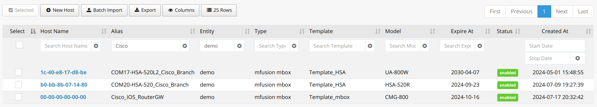 mfusion host list with two branch routers and the dummy Cisco gateway host