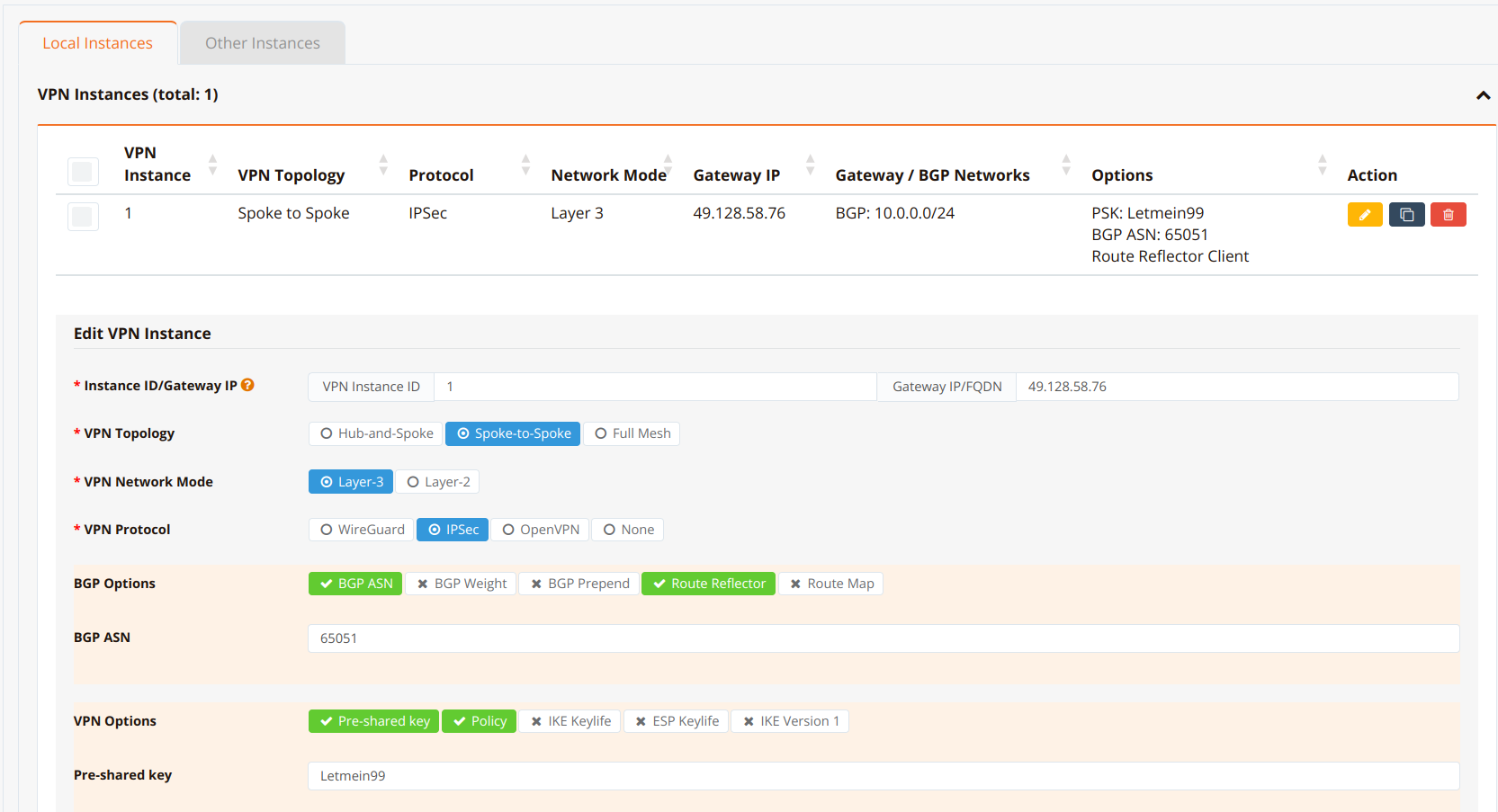 VPN instance configuration on the dummy gateway