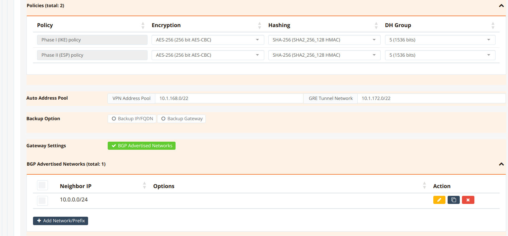 VPN instance configuration on the dummy gateway