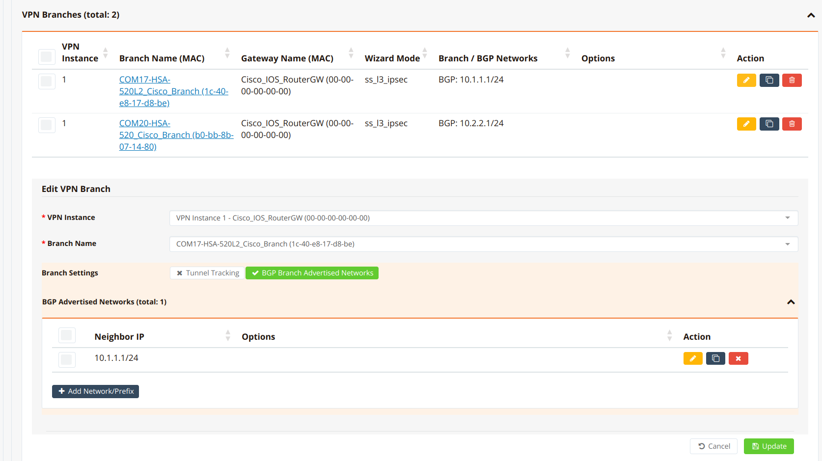 Branch assignment to the VPN instance with BGP advertised networks