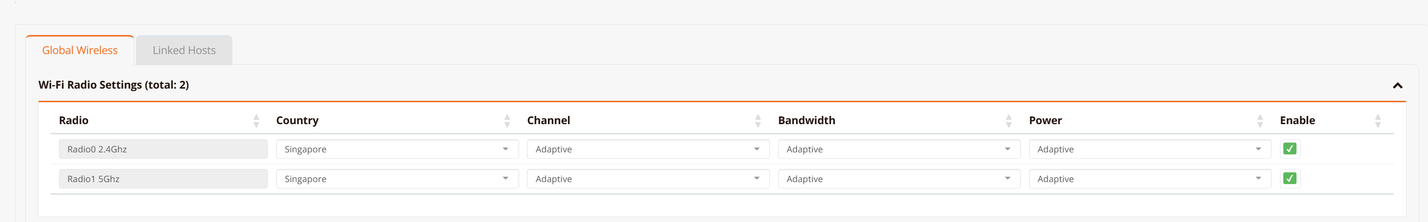 Wi-Fi Radio Settings with Channel, Bandwidth, and Power set to Adaptive on both radios