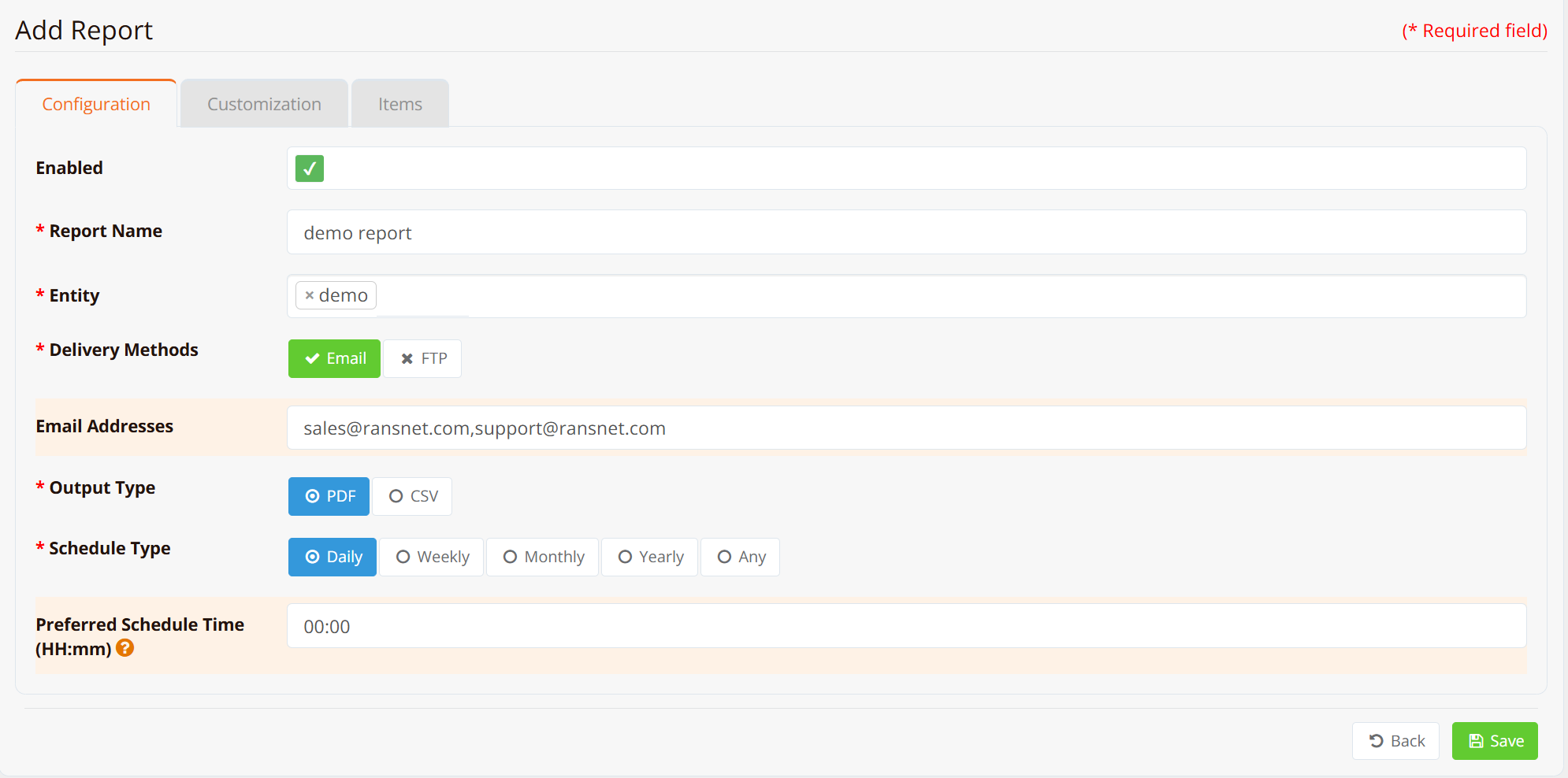 Report configuration