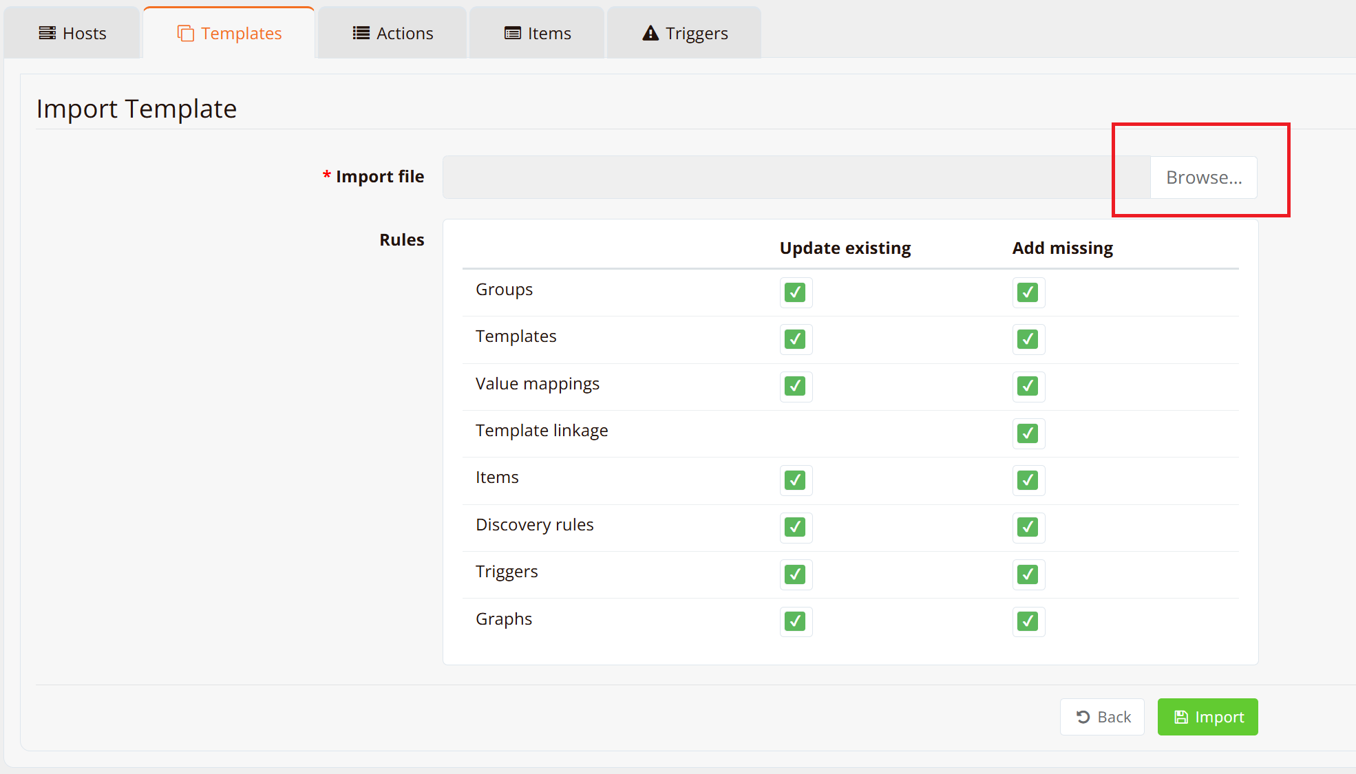 Template Import File Selection