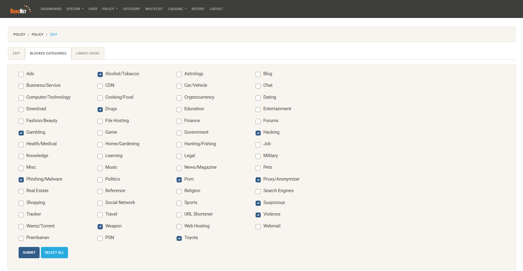 Category policy configuration